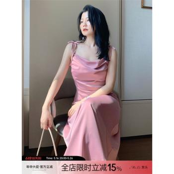 (免運)大碼微胖mm連衣裙2024夏季新款系帶法式性感吊帶緞面褶皺a字長裙