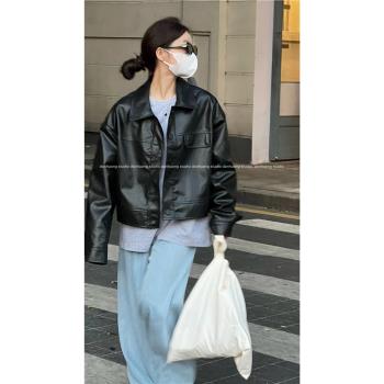 (免運)蛋黃Studio 秋季小眾帥氣翻領單排扣寬松休閑長袖皮衣短外套女