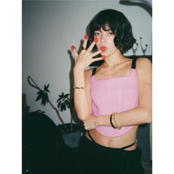 (免運)Bettychow芭比粉粗斜紋小背心歐美顯瘦束身時髦顯瘦方領無袖上衣