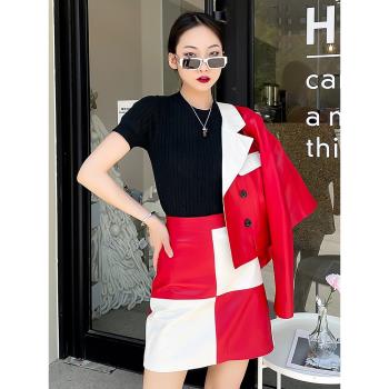 (免運)真皮皮衣女短款撞色西裝領綿羊皮外套百搭2025年春季新款純皮夾克