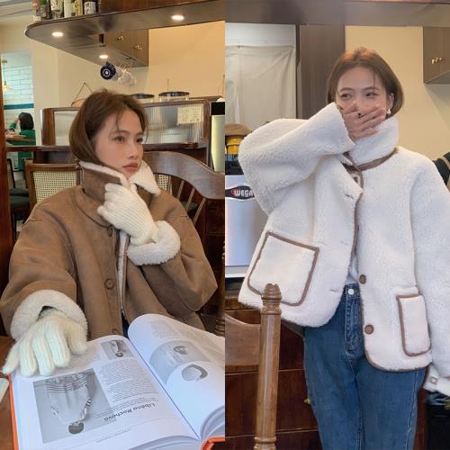 (免運)芥末自制復古咖色皮毛一體羊羔毛外套女冬季加絨上衣高級感機車服