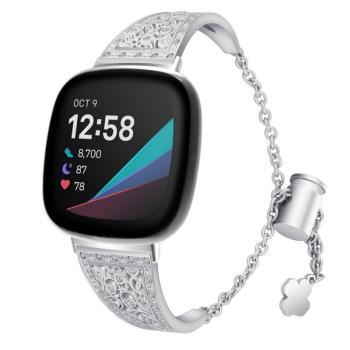 Fitbit Versa3智慧手錶帶 花型金屬鑲鉆調節鏈式表帶 versa3表帶