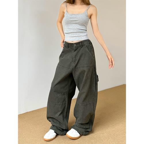 Don Cry 水洗做舊軍綠色工裝褲男女美式復古寬松直筒闊腿休閑褲子