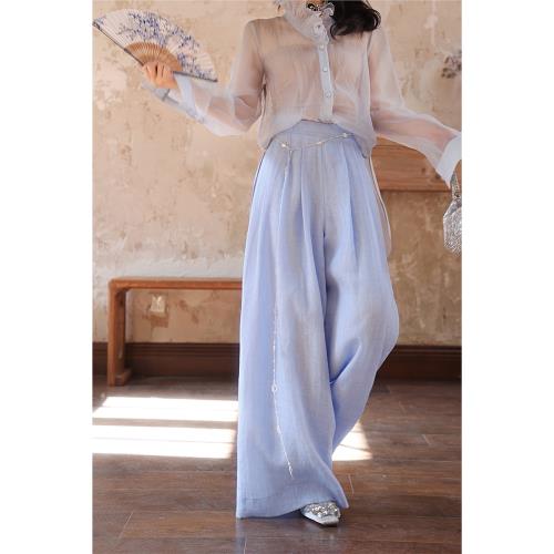 dangdang “飄渺仙意”褲子女2025新款新中式休閑褲雙層紗闊腿褲