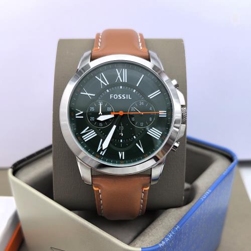 FOSSIL手表棕色真皮表帶墨綠表盤三眼計時商務休閑石英表防水男表