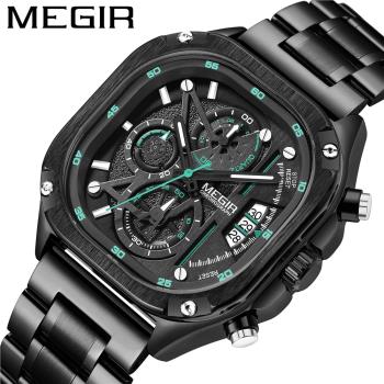 megir新款男士方形鋼帶蝴蝶扣跨境夜光防水watch多功能手錶