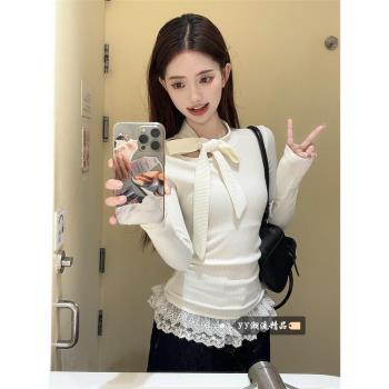 白色蕾絲蝴蝶結T恤女裝夏季chic設計感打底衫小香風內搭短款上衣