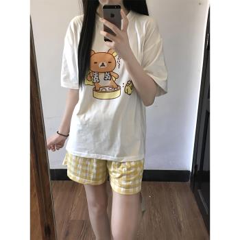 可愛卡通小熊印花純棉短袖t恤女夏季寬松休閑百搭設計感半袖上衣