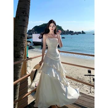 魅影仙女高階感氣質人魚姬流光吊帶裙成人禮禮服裙一字肩連衣裙夏