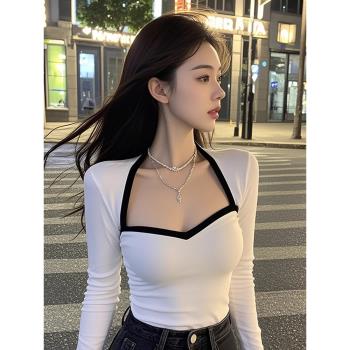 黑白撞色低領長袖短款T恤女秋季修身顯瘦性感內搭外穿打底衫上衣