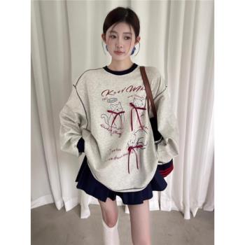 立體蝴蝶結貓咪印花長袖衛衣女春秋款慵懶寬松中長款圓領套頭上衣