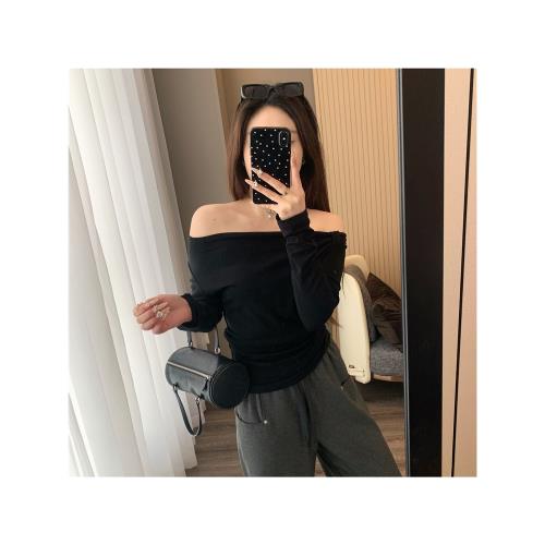 IN BLUE 25年春季新款天絲透氣薄款長袖設計感修身斜肩T恤上衣女