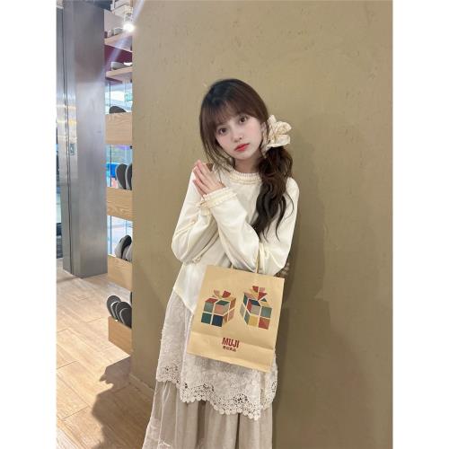 Pinkstar Shop春季新款溫柔掛女孩重工蕾絲拼接磨毛打底疊穿T恤