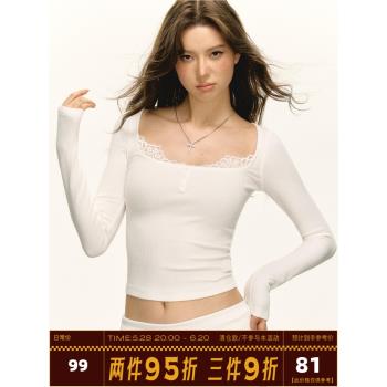 Ariseism 美式復古翻領蕾絲長袖T恤女春季新款修身上衣內搭打底衫