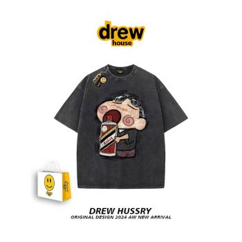 drew官網旗艦店手繪蠟筆小新卡通純棉短袖t恤寬松男女休閑上衣ins