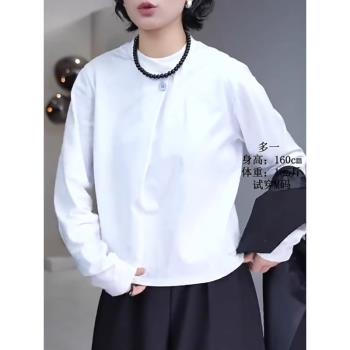 大碼純棉設計感白色長袖T恤早春新款女胖mm歐貨寬松顯瘦打底上衣