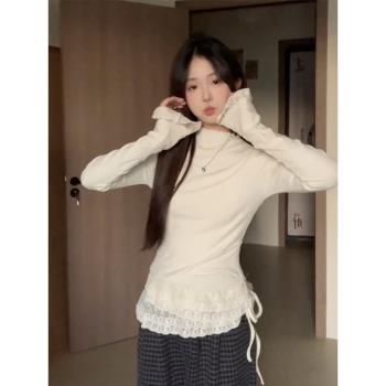 韓系純欲蕾絲花邊德絨打底衫女秋冬季辣妹高階感修身內搭長袖上衣