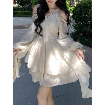 法式氣質高階感甜美露肩連衣裙女A字蓬蓬禮服裙小個子短款仙女裙