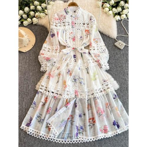 民族風收腰顯瘦鏤空氣質長袖連衣裙女秋冬法式別致驚艷印花襯衫裙