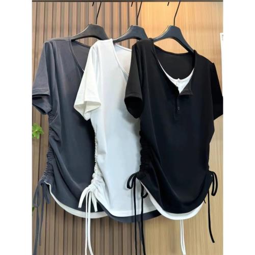 夏季假兩件拼接抽繩上衣胖MM300斤特大碼設計感簡約百搭短袖T恤女