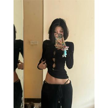 美式辣妹黑色鏤空長袖t恤女秋冬純欲內搭打底衫獨特別致絕美上衣