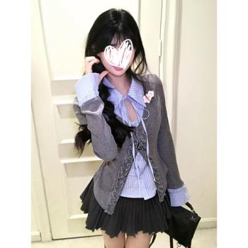 大碼胖mm美式學院風復古拼接假兩件條紋襯衫女春季小眾設計感上衣