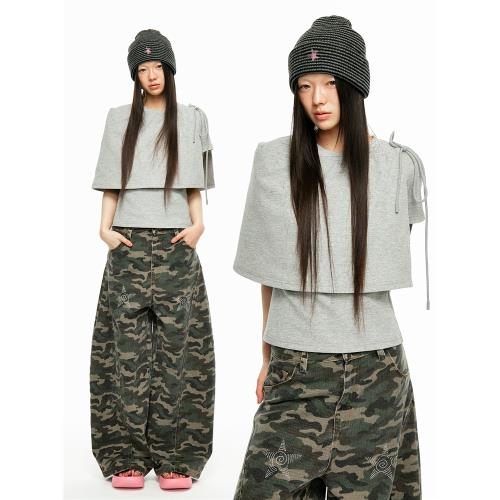 JIKOO【普瑞提弛爾】彈力創新棉字疊穿綁帶屁簾圓領短袖正肩T恤女