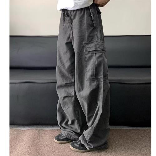 美式復古多口袋水洗工裝褲男街頭冬季抽繩褶皺傘兵褲寬松闊腿褲子