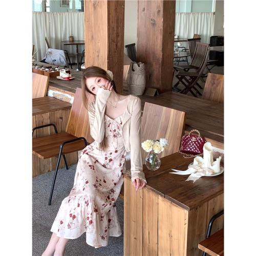 Q女家 玫瑰油畫裙/早春度假風碎花吊帶長裙女2025氣質千金連衣裙