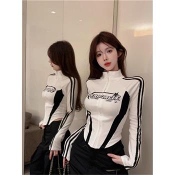 時尚設計感拼接字母印花長袖T恤女秋冬季辣妹風性感修身顯瘦上衣