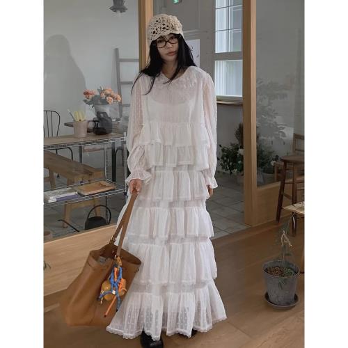 韓國chic春季甜美溫柔風刺繡波點寬松拼接層次感蛋糕連衣裙長裙女