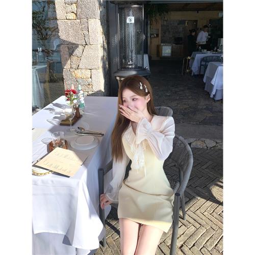 Q女家 軟軟奶黃包/黃色小香風長袖連衣裙女2025收腰顯瘦千金短裙