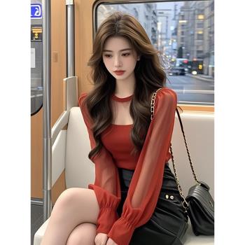 氣質修身復古網紗T恤打底衫女2025春季新款時尚百搭女裝內搭上衣