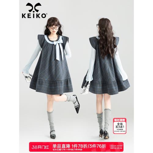 KEIKO [可拆蝴蝶結] 法式小飛袖格紋連衣裙26春季甜系娃娃背心裙