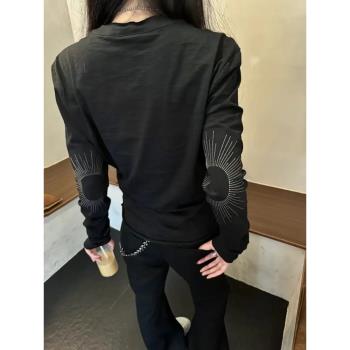 美式高街竹節棉黑色長袖T恤女春秋休閑百搭亨利領紐扣打底衫上衣