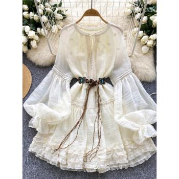 法式宮廷風仙女連衣裙女甜美刺繡系帶收腰燈籠袖荷葉邊度假蓬蓬裙