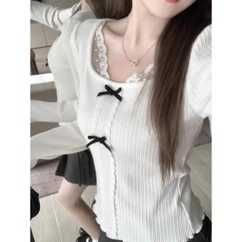赫麗日記小香千金風長袖T恤女秋季新款修身甜美氣質蕾絲邊打底衫