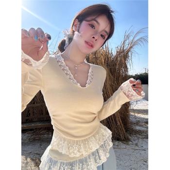 純欲蕾絲花邊u領內搭長袖t恤女春季高階感修身獨特超好看打底上衣