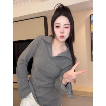 大碼女裝設計感Polo領長袖T恤早春微胖mm打底衫顯瘦遮肉褶皺上衣