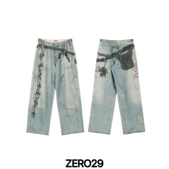 Grailz 24FW 多配飾潑墨牛仔伐木闊腿褲全3D數碼印花噴墨技術 韓