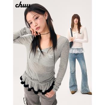 CHUU字母刺繡T恤女2025年春季新品蕾絲邊拼接撞色多紐扣長袖上衣