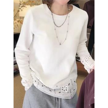 歐貨氣質蕾絲拼接純棉長袖T恤大碼女裝胖mm春季白色遮肉打底上衣
