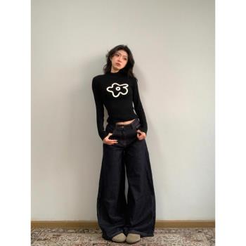 韓系花朵黑色正肩長袖t恤女秋冬內搭打底衫修身顯瘦辣妹短款上衣
