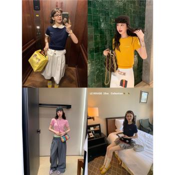 le rouge周美美 miu 復古多色全羊毛圓領刺繡logo針織短袖上衣