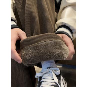 燈芯絨休閑褲子男秋冬季加絨加厚防寒保暖高階感潮牌寬松直筒長褲
