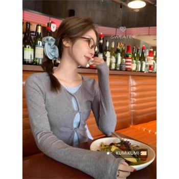 設計感假兩件扭結灰色長袖T恤女春季修身短款打底衫小眾別致上衣