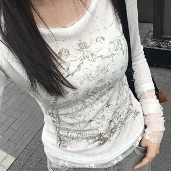 FabGirls 夢幻丘比特蕾絲拼接假兩件長袖T恤 百搭甜美顯瘦短上衣