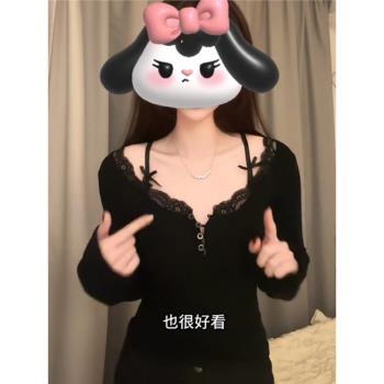 大碼女裝一字領假兩件拼接蕾絲超好看性感純欲風黑色T恤上衣小衫