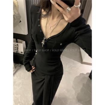 YOLO SHOP【簡單顯身材】純欲v領百搭修身長袖顯瘦針織衫內搭上衣