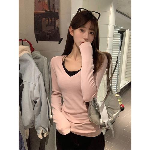 宋正恩粉色磨毛V領打底衫女春季洋氣內搭可外穿加厚純欲風t恤上衣